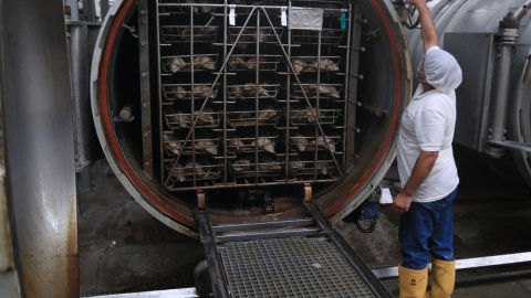 Un trabajador opera una máquina en la planta de producción de la empresa Eurofish, en Manta, el 17 de septiembre de 2024.