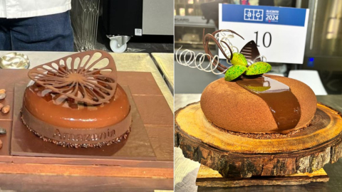 Creación de Pachi Larrea (izq), primer lugar del premio internacional de alta pastelería Paco Torreblanca; y la obra de Juan Sarango, que ingresó al Top 10 del mismo certamen.