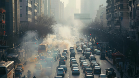 Una calle en hora pico, repleta de automóviles, autobuses y motocicletas, se ve afectada por la contaminación del aire.