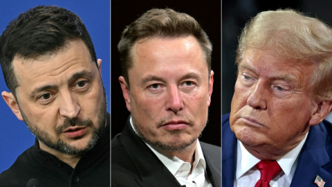 El presidente de Ucrania, Volodymyr Zelensky, el empresario Elon Musk y el electo presidente de Estados Unidos, Donald Trump.