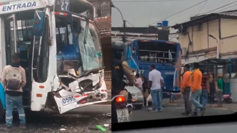 Aparatoso choque de buses en el centro de Guayaquil, varios pasajeros resultaron heridos