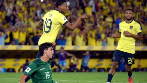 Gonzalo Plata, seleccionado ecuatoriano, celebra uno de los goles ante Bolivia, este 14 de noviembre de 2024.