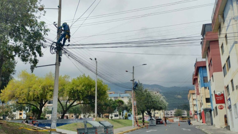 Un obrero de la Empresa Eléctrica de Quito realiza trabajos en una red eléctrica el 4 de noviembre de 2024.