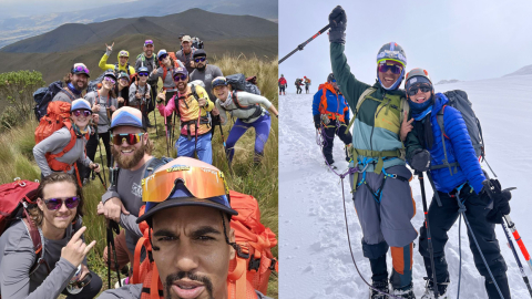 Los miembros de ROMP en un trekking de aclimatación y dos de ellos en el ascenso del volcán Cayambe, a inicios de octubre de 2024.