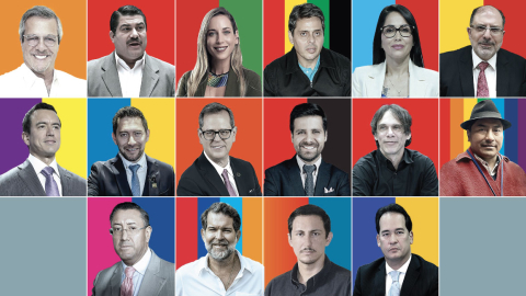 Composición fotográfica de los 16 aspirantes a Carondelet inscritos para las elecciones de 2025, por orden de lista.