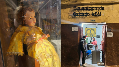 Detalles fotográficos de Quito: un niño Dios y local del centro histórico.