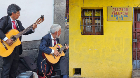 Dos músicos en el centro histórico de Quito y un local de La Floresta.