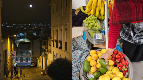 Foto nocturna del centro de Quito y un detalle de una comerciante de frutas