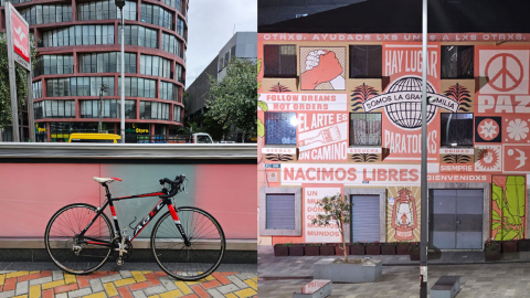 Parada del Metro de Quito, en La Carolina y mural de la plaza 24 de mayo.