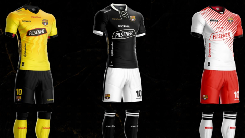 Imagen de las tres camisetas (una titular y dos alternas) que vestirá Barcelona SC durante 2025.