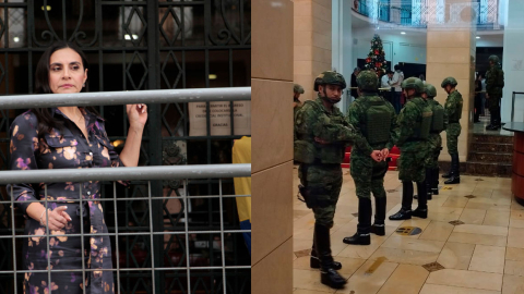 La vicepresidenta Verónica Abad en los exteriores del edificio de la Vicepresidencia, en el Centro Histórico de Quito. El lugar está resguardado por militares.