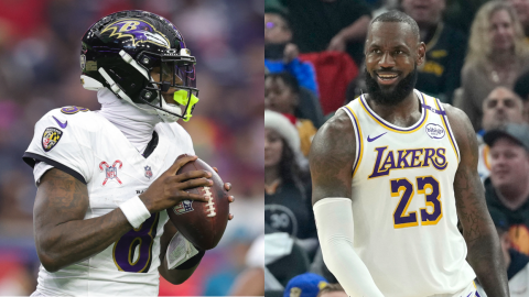 Lamar Jackson de los Baltimore Ravens y LeBron James de Los Angeles Lakers en partidos de la NFL y NBA, respectivamente, el 25 de diciembre de 2024.