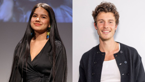 La activista ecuatoriana Helena Gualinga y el actor canadiense Shawn Mendes.