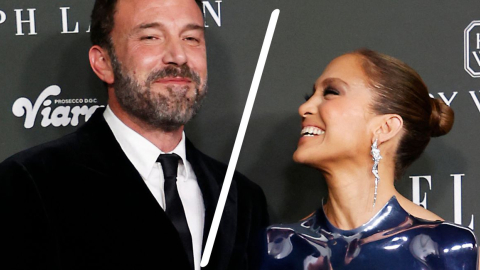 Ben Affleck y Jennifer Lopez durante el evento ELLE's Women, en Hollywood, en diciembre de 2023. La línea en la mitad fue añadida ante la noticia de su divorcio.