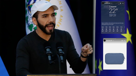 El presidente de El Salvador, Nayib Bukele, en una imagen de archivo. A la derecha, los mensajes que compartió en redes sociales.