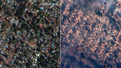 Imágenes satelitales del vecindario en Altadena, California, el 6 de enero de 2025 (izq.) y el 8 de enero de 2025 durante el incendio de Eaton.