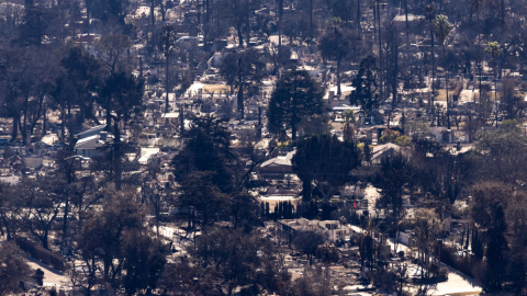 Una fotografía tomada desde el Bosque Nacional Ángeles muestra un vecindario completo de Altadina destruido por el incendio Eaton, al norte de Altadina, California, el 13 de enero de 2025.