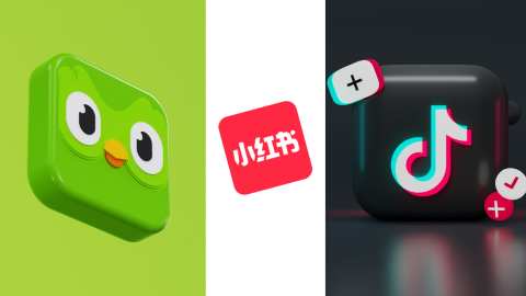 Composición visual que muestra los logos de la app estadounidense de aprendizaje de idiomas, Duolingo, junto a las apps chinas de redes sociales Xiaohongshu (RedNote) y TikTok.