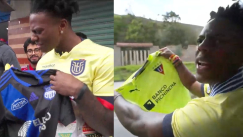 El reconocido streamer Speed en su visita a Ecuador con las camisetas de Emelec y Liga de Quito, 16 de enero de 2025.