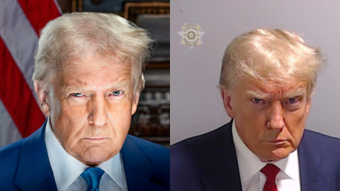 A la izquierda, el retrato oficial del presidente electo de Estados Unidos, Donald Trump en enero de 2025. A la derecha, la fotografía policial del republicano tras ser detenido en agosto de 2023.