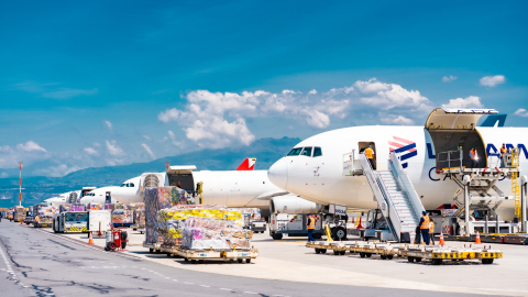 Carga de flores junto a aviones de carga en la plataforma del Aeropuerto Mariscal Sucre de Quito,  enero de 2025.