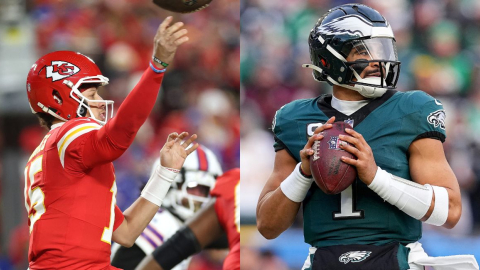 Patrick Mahomes de los Chiefs y Jalen Hurts de los Eagles, 26 de enero de 2025.