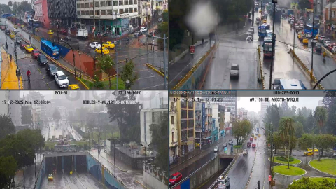 Calles con la calzada mojada por las lluvias en Quito, este 17 de febrero de 2025.