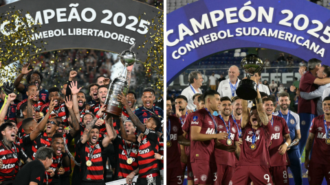 Jugadores de Flamengo (izquierda) y Lanús (derecha) celebran los títulos de la Copa Libertadores y Copa Sudamericana en 2025.