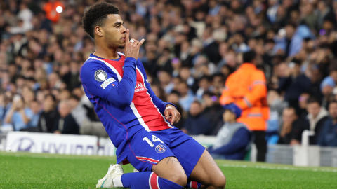 Desiré Doué celebra su gol ante el Manchester City este miércoles 14 de octubre por la fecha 2 de la fase de liga de la UEFA Champions League.