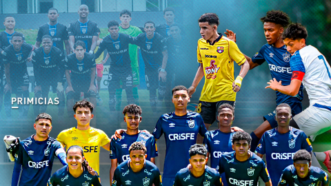 Composición fotográfica con futbolistas de Universidad Católica, Independiente del Valle, Liga de Quito y Barcelona SC.