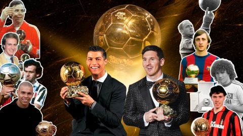 Imagen con los máximos ganadores del Balón de Oro, entre ellos Lionel Messi y Cristiano Ronaldo.