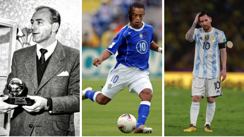 Los ganadores del Balón de Oro: Alfredo Di Stefano, Ronaldinho y Lionel Messi.