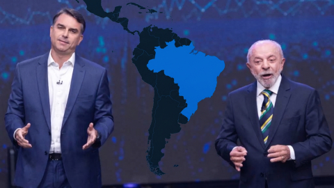 Imagen generada con inteligencia artificial, que muestra a los candidatos Flávio Bolsonaro y Lula da Silva, en el debate por las elecciones presidenciales de Brasil, con un fondo del mapa de América del Sur.