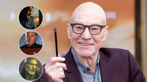 Composición fotográfica del actor Patrick Stewart y sus personajes en X Men, Advengers y en Greem Room.