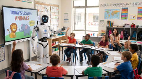 Fotografía generada artificialmente que muestra a un grupo de estudiantes que reciben clases de inglés mediante una inteligencia artificial