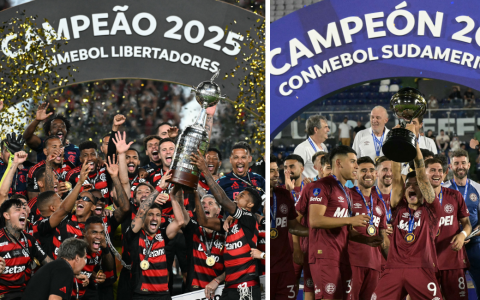 Jugadores de Flamengo (izquierda) y Lanús (derecha) celebran los títulos de la Copa Libertadores y Copa Sudamericana en 2025.