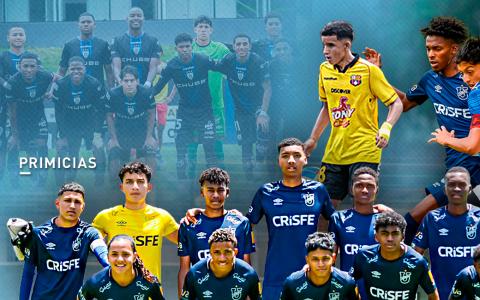 Composición fotográfica con futbolistas de Universidad Católica, Independiente del Valle, Liga de Quito y Barcelona SC.