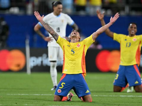 Los jugadores de Colombia festejan tras la semifinal ante Uruguay, el 10 de julio de 2024.