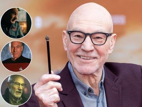 Composición fotográfica del actor Patrick Stewart y sus personajes en X Men, Advengers y en Greem Room.