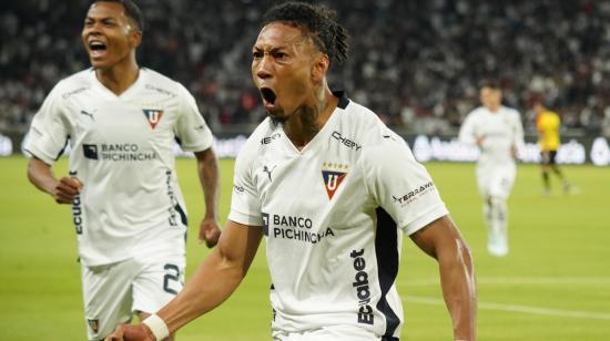 José Quintero celebra en el partido de Liga de Quito ante Barcelona SC por LigaPro, el 31 de agosto de 2024.