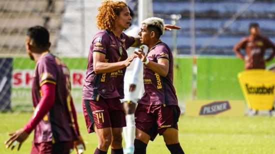 Los jugadores de Mushuc Runa festejan una de las anotaciones en la goleada ante Orense, el domingo 22 de septiembre de 2024.