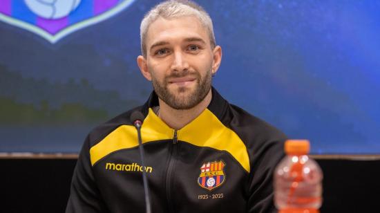 Ignacio de Arruabarrena, arquero de Barcelona SC, en conferencia de prensa este lunes 17 de abril de 2025.