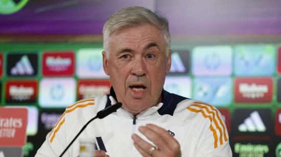 El entrenador del Real Madrid, el italiano Carlo Ancelotti, durante la rueda de prensa del  sábado 3 de mayo de 2025.