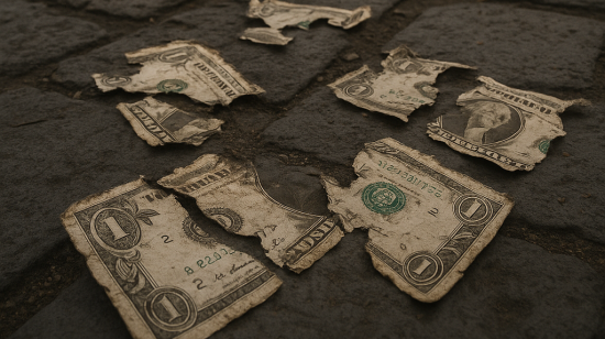 Billetes de dólar rotos sobre el suelo reflejan el deterioro fiscal y económico de Ecuador.