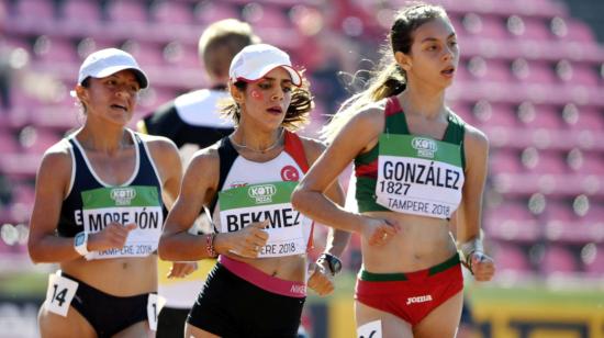 La marchista ecuatoriana Glenga Morejón durante su participación en los 10.000 metros en marcha, en el IAAF World U20 Championships, en Tampere, Finlandia, en julio del 2018.