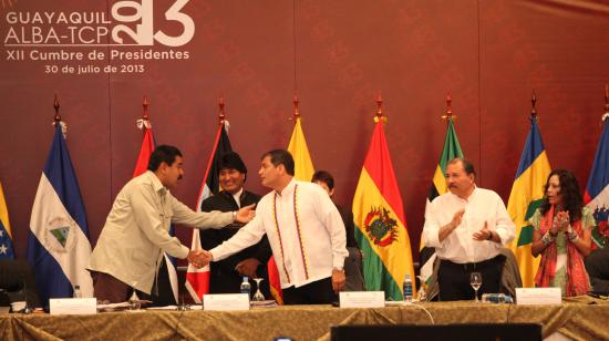 Foto Archivo. Rafael Correa durante la inauguración la XII Cumbre de Presidentes de la ALBA - TCP, en 2013 con los presidentes de Venezuela, Nicolás Maduro; Evo Morales, de Bolivia, y Daniel Ortega de Nicaragua.