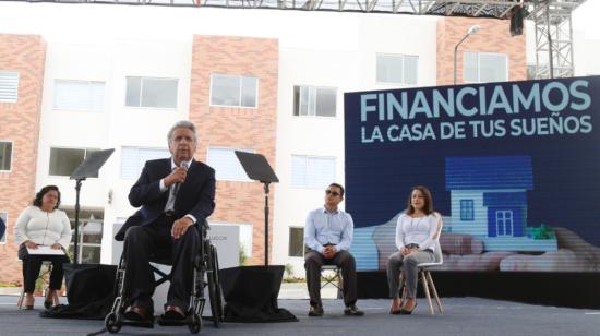 El presidente Lenín Moreno, durante el evento de su programa Casa Para Todos, el 20 de agosto de 2019.