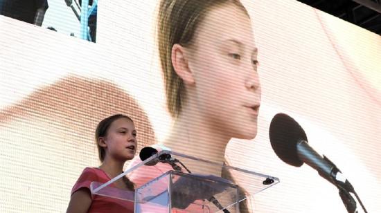  La activista Greta Thunberg habla durante la denominada "Global Climate Strike" o "Huelga del Clima", en Nueva York. 