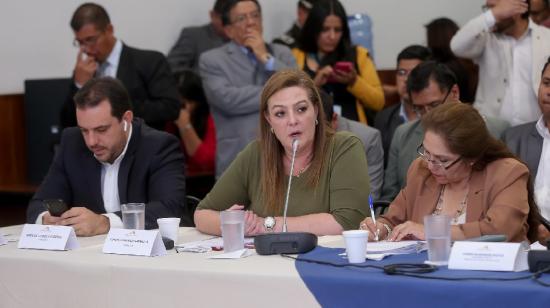 Roberto Gómez (Creo), Lourdes Cuesta (independiente) y Amapola Naranjo (RC), durante la presentación de sus argumentos en el juicio político a María Paula Romo, el 26 de noviembre de 2019.