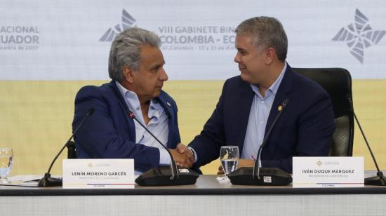 Los presidentes de Ecuador, Lenín Moreno, y de Colombia, Iván Duque, durante una reunión el 11 de diciembre de 2019d, en el VIII Gabinete Binacional entre Colombia y Ecuador, en Cali.